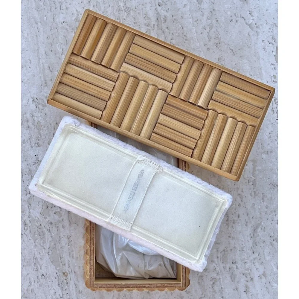 Frances Denney Dusting Powder Sealed in Reusable Bamboo Box With Lid & Puff VTG
